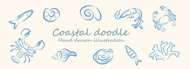 Summer vacation doodle style illustration set. Vector ink hand drawn Italian coast sea and beach print elements. Coastal icon collection for beach party invitation, picnic, wedding and save the date.