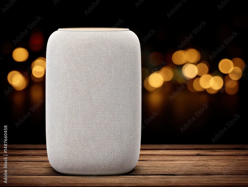 Poster modern smart speaker on wooden surface illuminated by soft bokeh lights creating a cozy atmosphere a