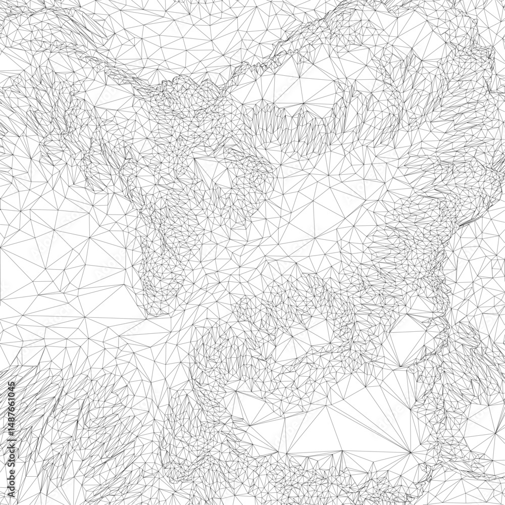Poster a black and white image of a mountain range with a lot of lines and dots. the image has a sense of c