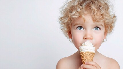 Child Enjoying Ice Cream Against a Clean White Background