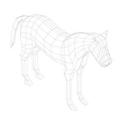 A horse is drawn in black and white. The horse is standing in a field and looking to the right. Isometric view. 3D