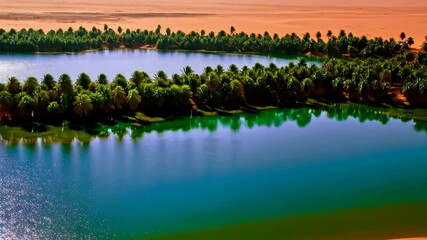 Oasis with palm trees in the desert landscape, surrounded by sand dunes and tranquil turquoise water for nature exploration. - Powered by Adobe