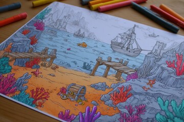 Naklejka premium Colorful illustrated seascape scene with a pirate ship.