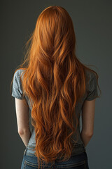 Fototapeta premium Stunning image of woman with long, flowing red hair, showcasing natural waves and casual gray shirt. background is neutral, emphasizing vibrant hair color and texture