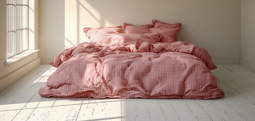 Cozy bedroom scene featuring large bed with soft, pink checkered bedding. sunlight streams through window, creating warm and inviting atmosphere