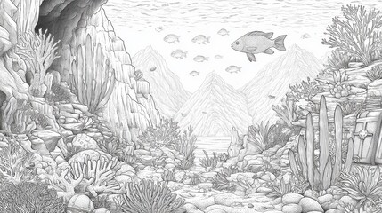 Detailed grayscale illustration of an underwater scene.