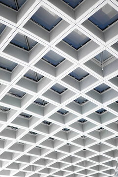 Geometric airport ceiling pattern with skylights