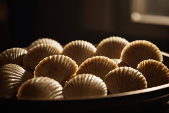 A decorative shell-filled bowl sits atop a table, perfect for adding a touch of coastal charm to any room or event