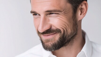 Obraz premium Handsome man with beard in white shirt smiling softly and warmly
