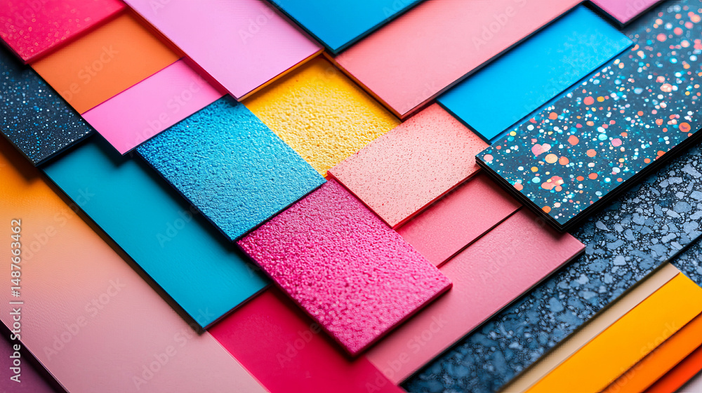Poster colorful textured material samples arranged vibrant overlapping pattern with various shades