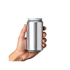 Hand holding a silver aluminum beverage can mockup pop on transparent background
