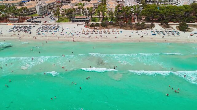 Aerial view of Platja de sa Coma beach in Mallorca, Balearic Islands, Spain.