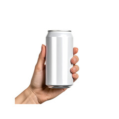Woman hand holding blank white aluminum can mockup on transparent background