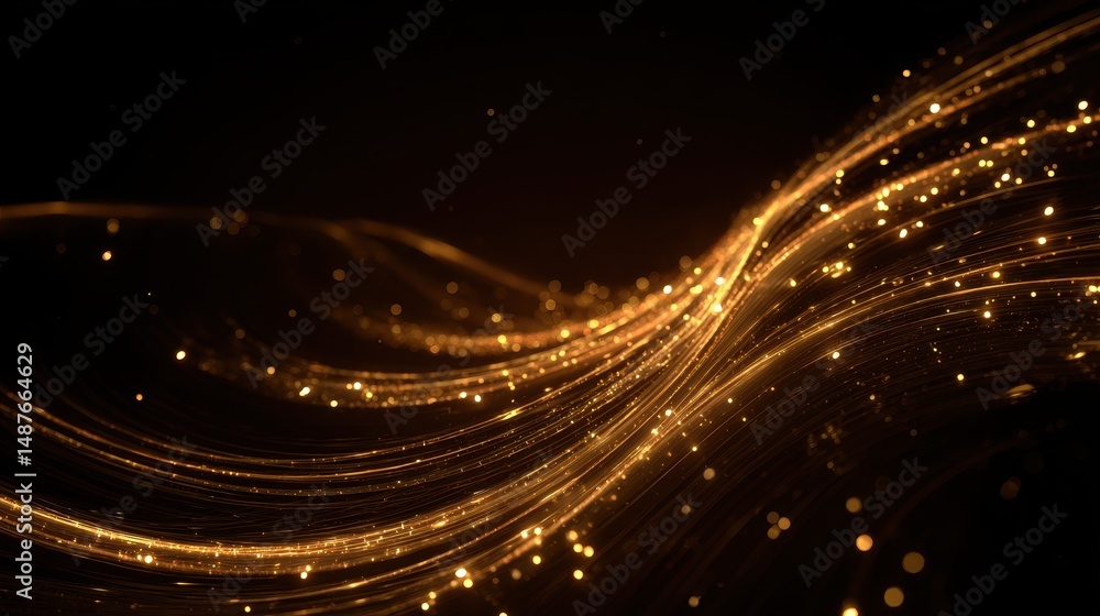Poster golden flowing waves with sparkling light particles in a dark background creating an elegant and mes