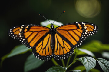 Fototapeta premium A monarch butterfly sits atop a leaf, its vibrant wings unfolded