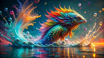 Obraz premium A vibrant, iridescent creature with a flamboyant fin emerges from a wave of colorful liquid, its scales shimmering with multifaceted hues against a backdrop of swirling paint droplets.