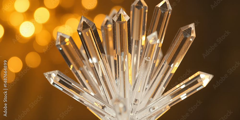 Poster sparkling crystal cluster elegant clear quartz points glimmering against a golden bokeh background