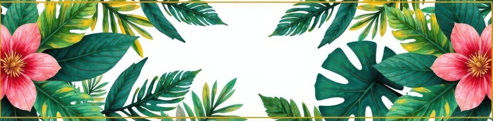 Golden geometric frame, tropical watercolor leaves Round border, copy space , exotic, illustration