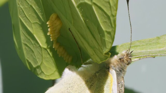 White cabbage butterfly laying eggs on nasturtium leaf close up stock footage