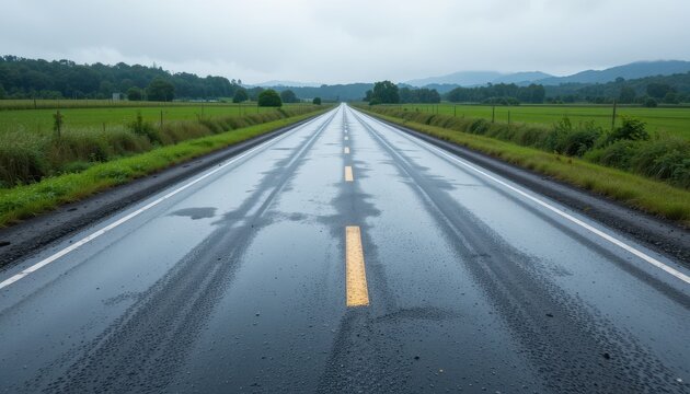 Scenic Rural Road After Rain Wet Asphalt, Puddles, Cloudy Sky, and Lush Green Landscape