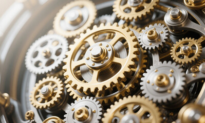 Close-up of Intricate Copper and Metallic Gears with Steampunk Steam and Industrial Mystique