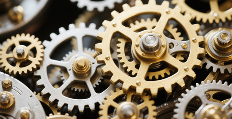 Close-up of Intricate Copper and Metallic Gears with Steampunk Steam and Industrial Mystique