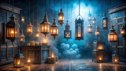 Obraz premium Mystical Interior Scene with Ornate Hanging Lanterns and Antique Cabinets Illuminating a Dark Room
