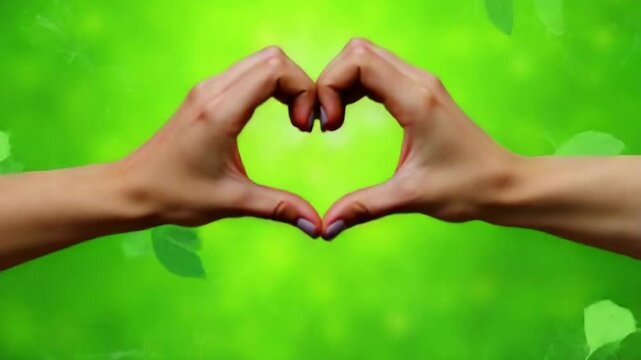 Two hands skillfully forming a heart shape against a stunningly beautiful green natural background