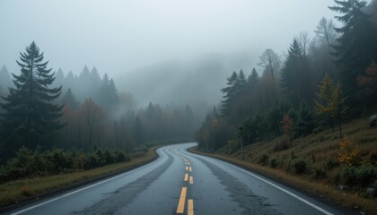 Naklejka premium Misty Mountain Road A Serene Drive Through a Foggy Forest