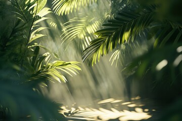 Obraz premium Lush Tropical Jungle Scene with Sunlight Rays and Empty Space