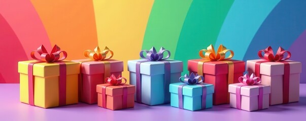 Multicolored gift boxes arranged on rainbow background , gift wrap, panoramic