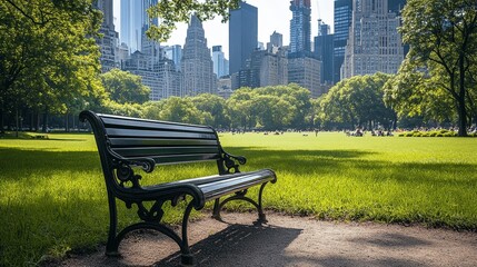 Central Park Bench with Manhattan Skyline