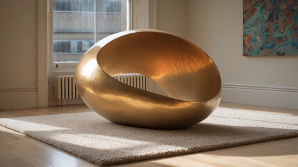Golden curved pod sculpture on soft tan rug, ambient indoor light