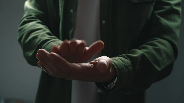 Applause at a business meeting.
A businessman in a green rabushka applauds with his palms.
A man claps after the speaker's speech.
Large-scale applause.
Motivational speech