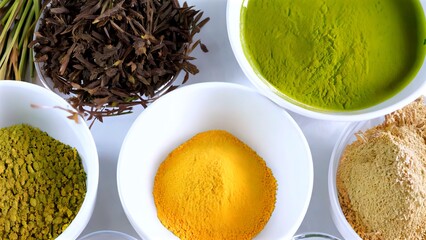 Natural plant based dyes in colorful bowls, displaying organic pigment spectrum for sustainable textile coloring and artisan fabric crafting techniques