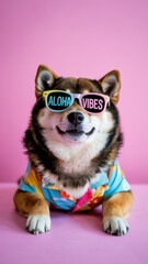 Shiba Inu in tropical gear with Aloha Vibes text on pink-purple backdrop
