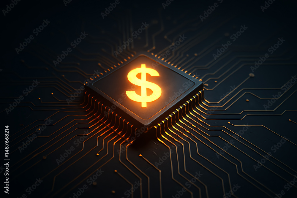 Aufkleber an illuminated microchip featuring a dollar sign, symbolizing the intersection of technology and fin