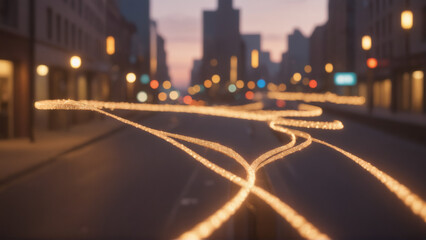 Digital data flow represented by glowing lines on a city street at night