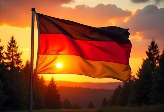 A realistic digital painting of the German flag waving dynamically at sunset, the black, red, and gold stripes brilliantly lit. 