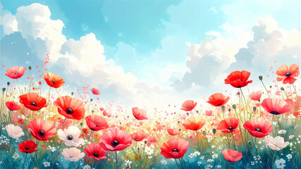 Obraz premium 青空の下の赤いポピーのお花畑の風景