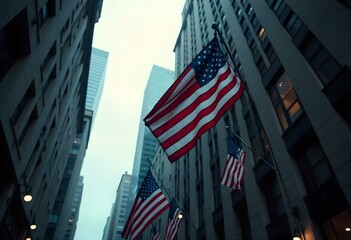 Naklejka premium American flags waving on flagpoles in a city, surrounded by tall buildings on a slightly cloudy day. The scene feels patriotic and urban 