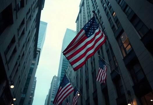 American flags waving on flagpoles in a city, surrounded by tall buildings on a slightly cloudy day. The scene feels patriotic and urban 