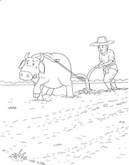 Farmers ploughing rice fields with oxen.eps