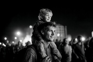 Father with son on shoulders at night event.