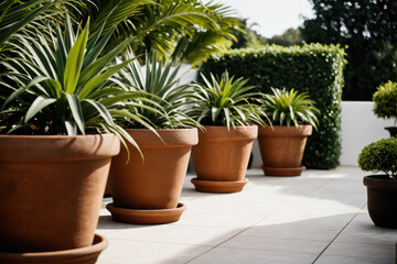 Fototapeta premium Potted plants arranged on a patio, perfect for outdoor decor or home office use