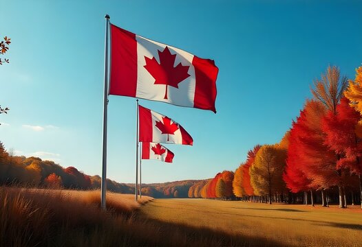 Realistic digital painting of multiple Canadian flags waving in the wind during autumn. The flags stand tall on flagpoles in a grassy field, with colorful fall trees and a deep blue sky 