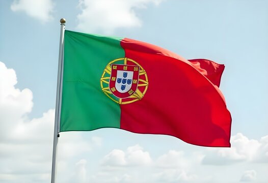 realistic outdoor scene with the national flag of Portugal waving in the wind. The flag should be mounted on a silver flagpole and prominently displayed against a bright, partly cloudy sky. 