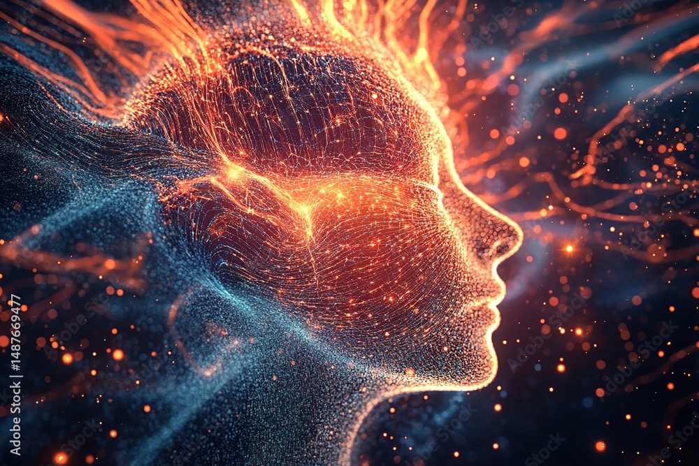 Poster abstract digital representation of a human face with glowing particles