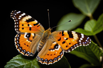 Obraz premium A colorful butterfly perched on a lush green leaf, perfect for nature or environmental illustrations