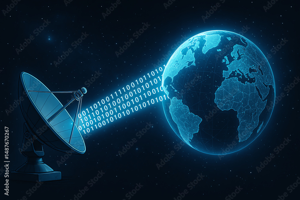 Aufkleber a digital representation of earth connected to a satellite dish, transmitting binary data into space